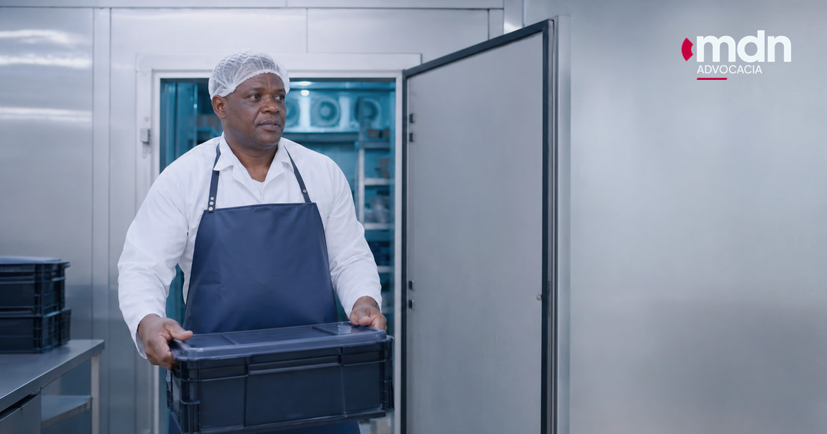 Açougueiro com roupa de trabalho diante de uma câmara fria em setor de carnes.