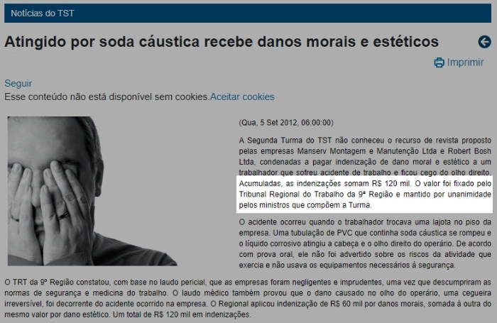 Atingido por soda cáustica recebe danos morais e estéticos