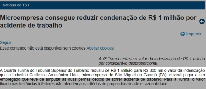 Microempresa consegue reduzir condenação de R$ 1 milhão por acidente de trabalho