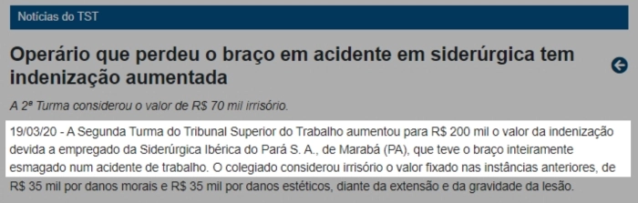 Operário que perdeu o braço em acidente em siderúrgica tem indenização aumentada
