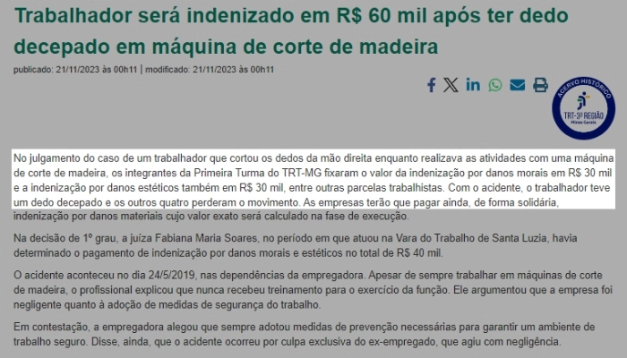 Trabalhador será indenizado em R$ 60 mil após ter dedo decepado em máquina de corte de madeira