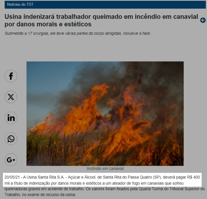 Usina indenizará trabalhador queimado em incêndio em canavial por danos morais e estéticos