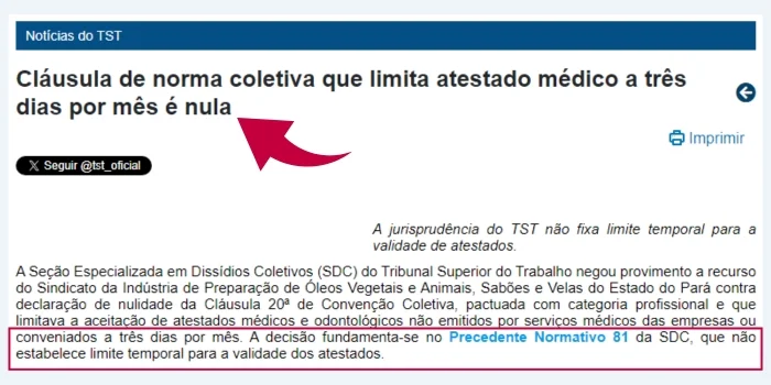 Cláusula de CCT nula por limitar atestado médico a três dias