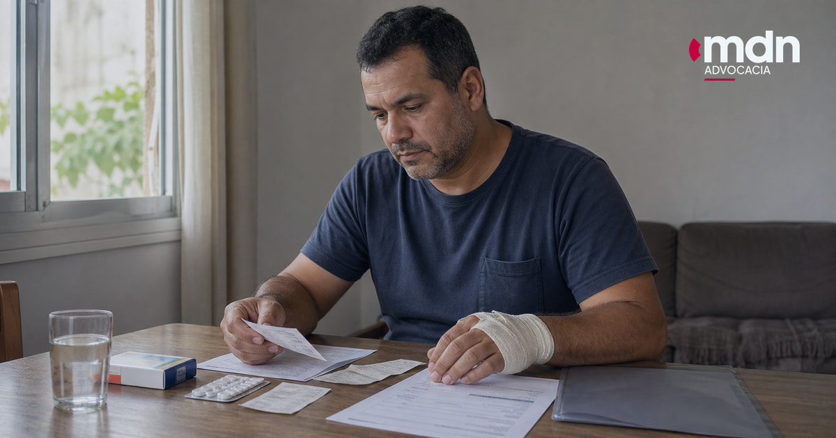 Trabalhador acidentado organiza receitas, notas e documentos do tratamento