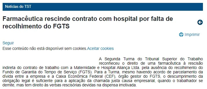 Captura de tela de notícia do TST sobre farmacêutica que obteve rescisão indireta do contrato por falta de recolhimento do FGTS.