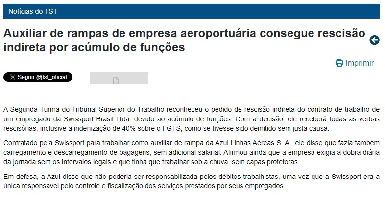 Captura de tela de notícia do TST sobre reconhecimento de rescisão indireta por acúmulo de funções em empresa aeroportuária.
