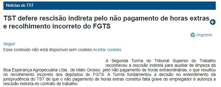 Captura de tela de notícia do TST sobre rescisão indireta por não pagamento de horas extras e recolhimento incorreto do FGTS.