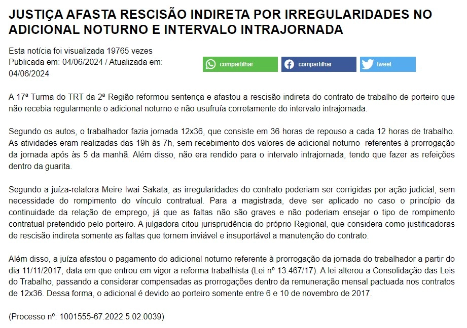 Captura de tela de notícia sobre decisão da Justiça do Trabalho que afastou a rescisão indireta por irregularidades no adicional noturno e no intervalo intrajornada.