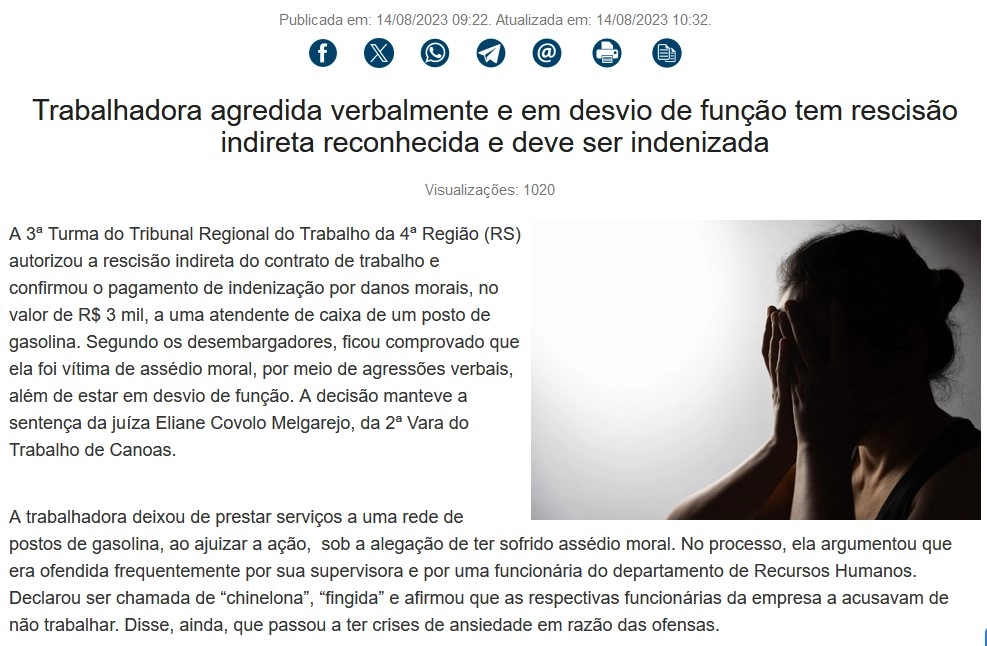 Mulher com as mãos no rosto, ilustrando notícia sobre reconhecimento de rescisão indireta por assédio moral e desvio de função.