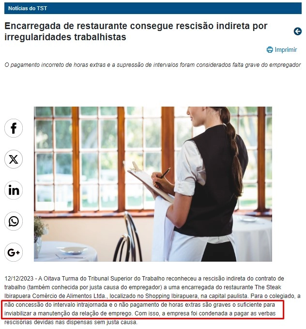 Atendente de restaurante em ambiente de trabalho, ilustrando notícia do TST sobre rescisão indireta por horas extras não pagas e supressão de intervalo.