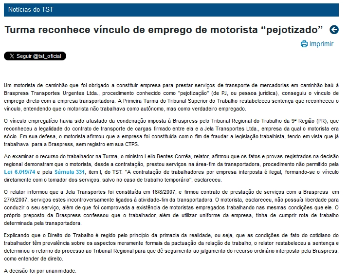 Turma reconhece vínculo de emprego de motorista pejotizado