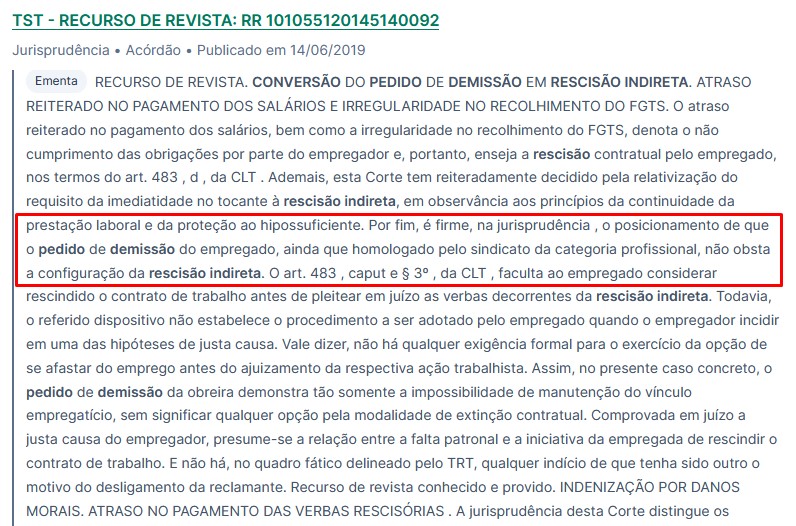 Captura de tela de ementa de acórdão do TST que admite a conversão do pedido de demissão em rescisão indireta diante de falta grave do empregador.