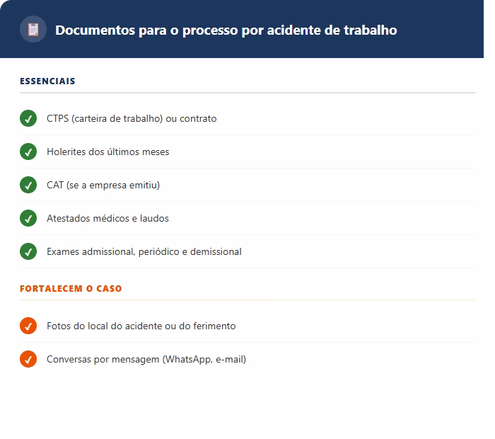 Checklist de documentos essenciais e provas que fortalecem o processo por acidente de trabalho, incluindo CTPS, CAT, atestados, fotos e testemunhas