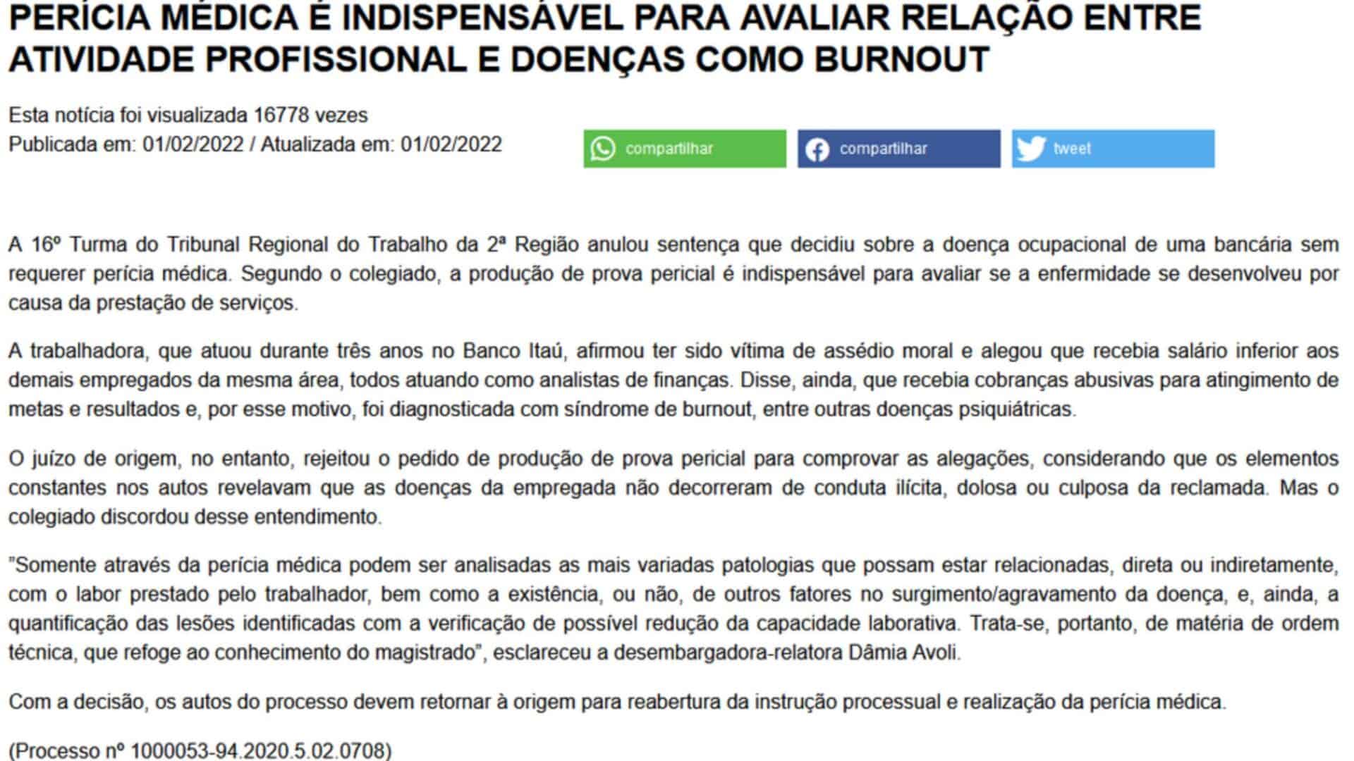 decisão perícia médica é indispensável para avaliar relação entre atividade e doença como burnout