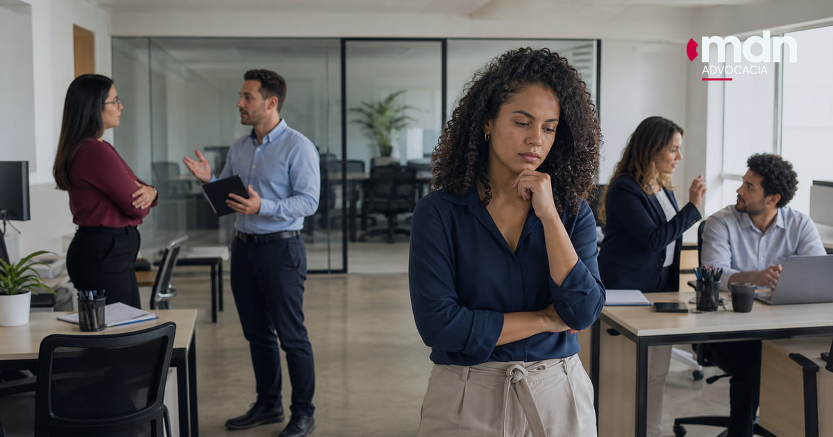 Trabalhadora observa diferentes relações tensas entre gestores e colegas no escritório