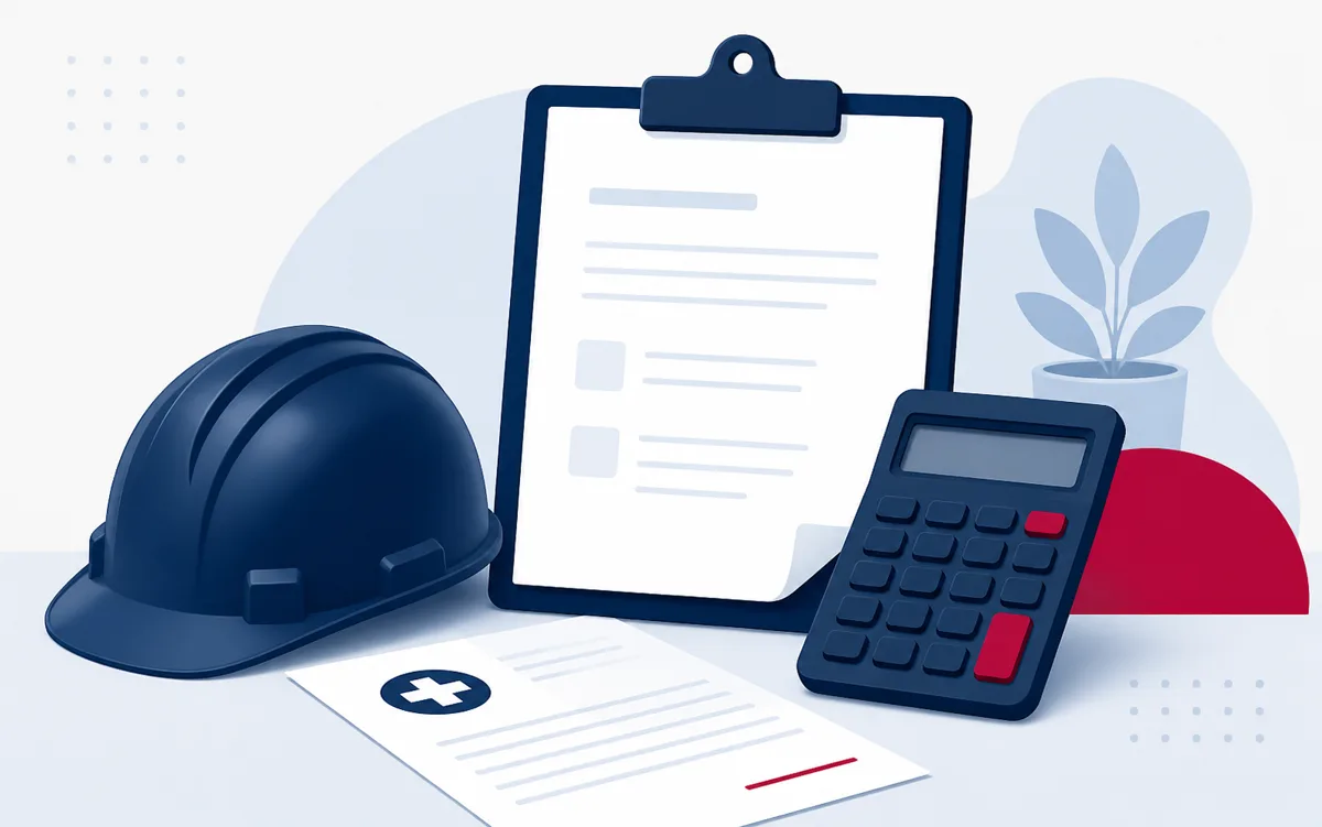 Ilustração com capacete, documentos médicos e calculadora para estimativa de indenização por acidente de trabalho