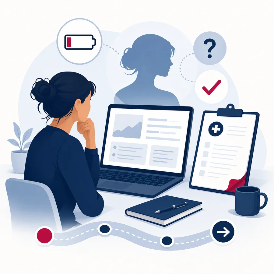Trabalhador com documentos médicos tentando entender o diagnóstico de burnout
