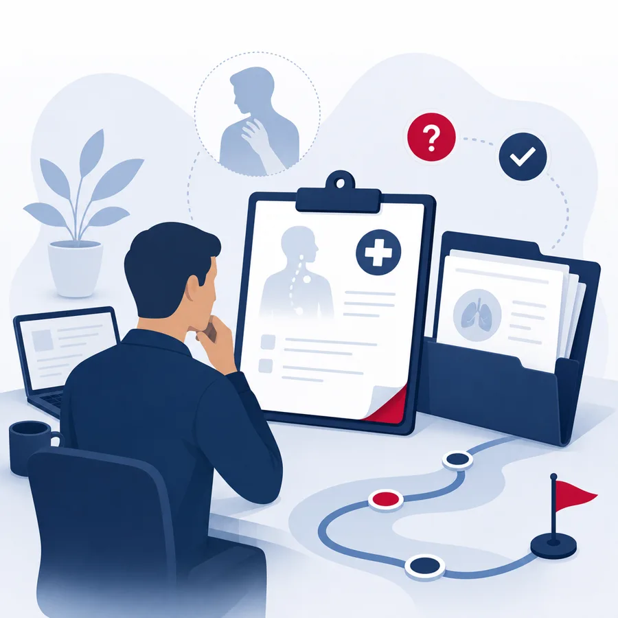 Trabalhador analisando documentos médicos para entender doença ocupacional