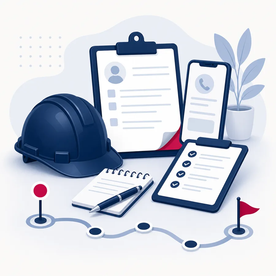 Ilustração de capacete, documentos e símbolo de cuidado para primeiros passos após acidente de trabalho